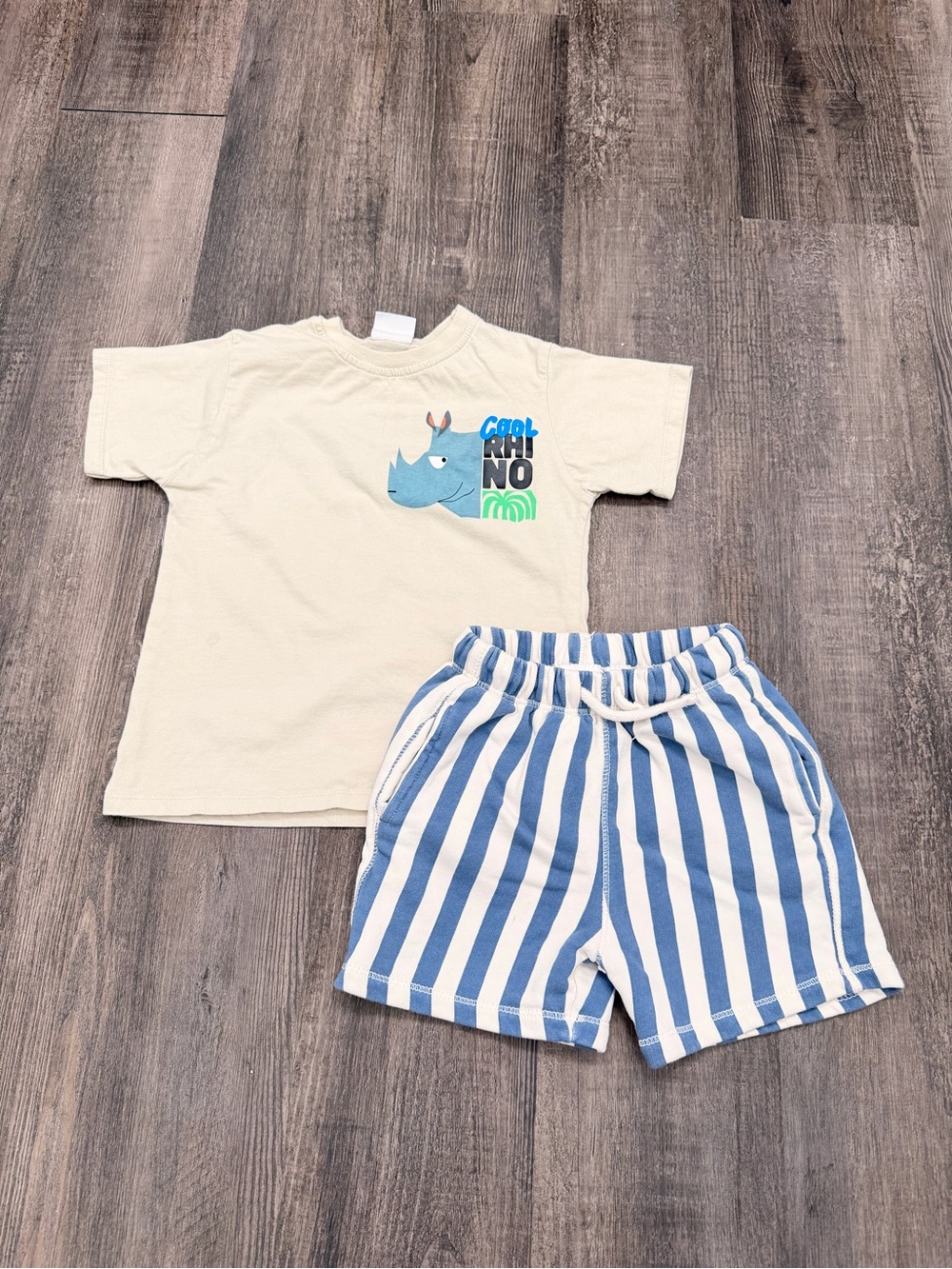 Zara Beige Rhino Tee with Blue Striped Shorts